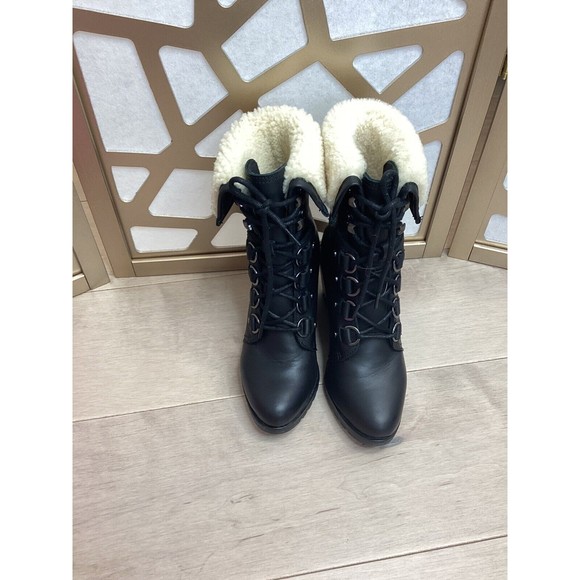 Sorel Women After Hours Lace Up Shearling Black Leather Wedge Boots fur collar 7 - Picture 9 of 11